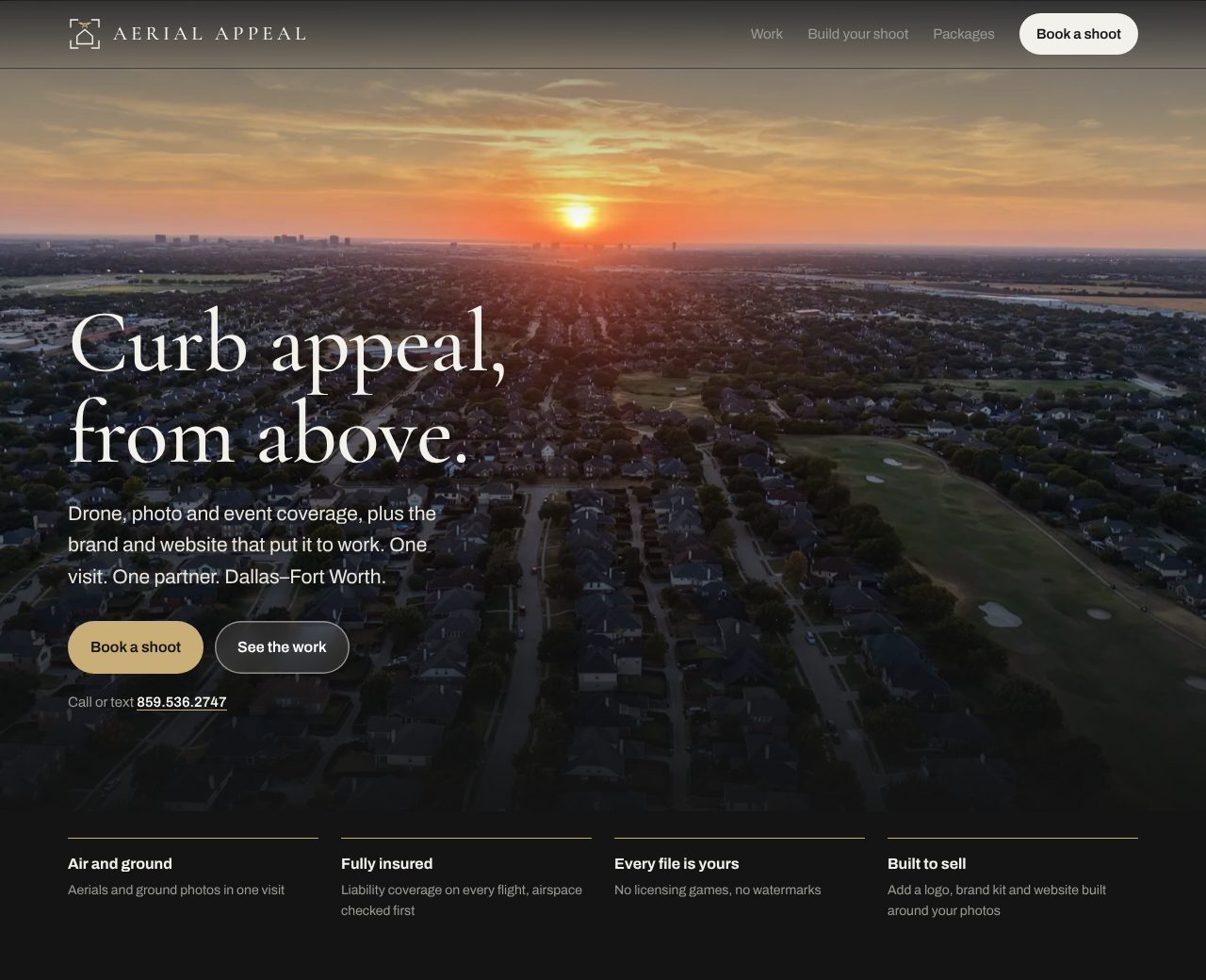 The Aerial Appeal homepage: “Curb appeal, from above.” over a sunset aerial of a Dallas–Fort Worth neighborhood