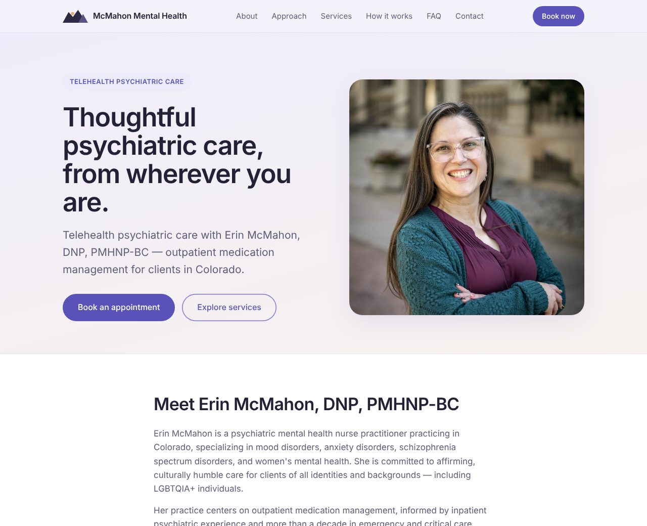 The McMahon Mental Health homepage: “Thoughtful psychiatric care, from wherever you are.” beside a portrait of Erin McMahon